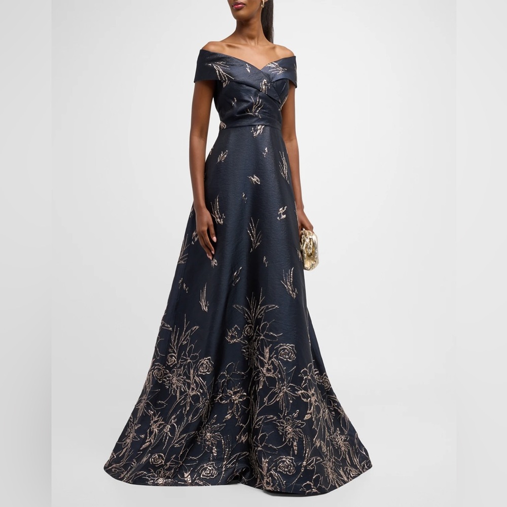 Rickie Freeman For Teri Jon Off Shoulder Metallic Border. Size 8